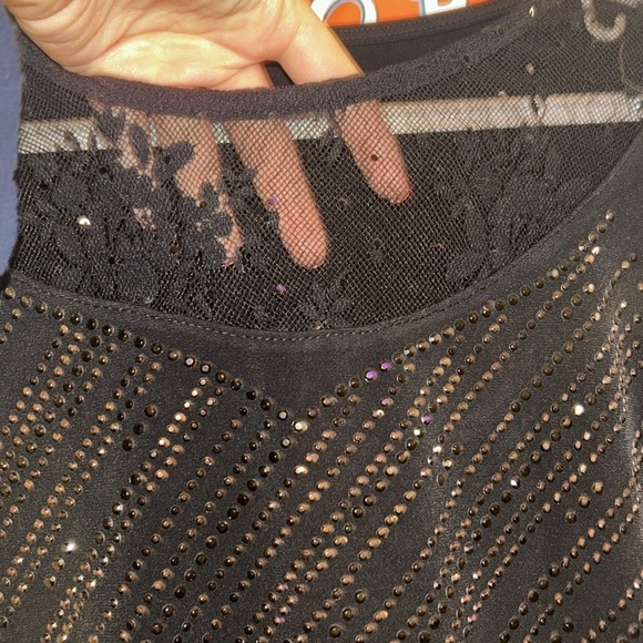 FLARE LACE BLACK SLEEVES BEDAZZLED RHINESTONE TOP LACE DETAILING SPARKLY - Picture 3 of 11